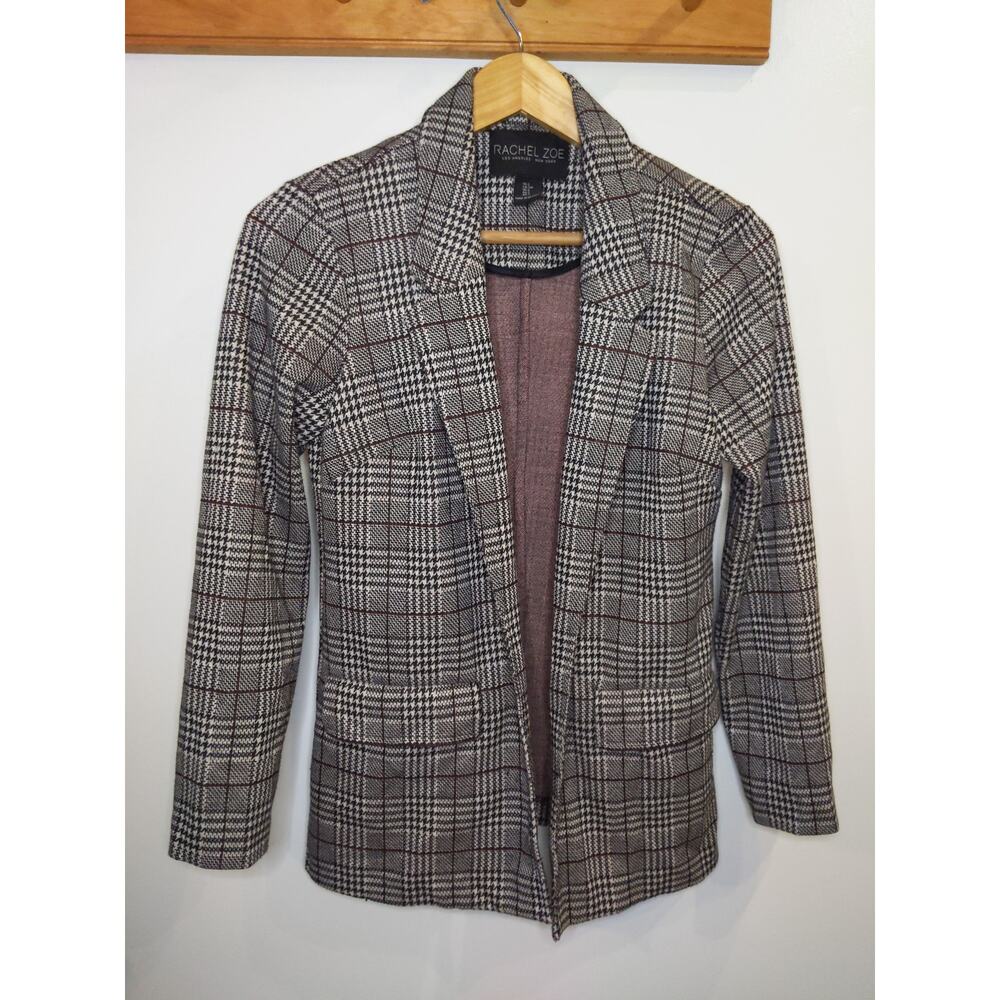 Rachel Zoe Women's Blazer Small Burgundy Houndstooth Glen Plaid Open Front S